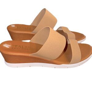 Italian Shoemakers Tan Stretch Strap Wedge Slide Sandals Women’s Size 10